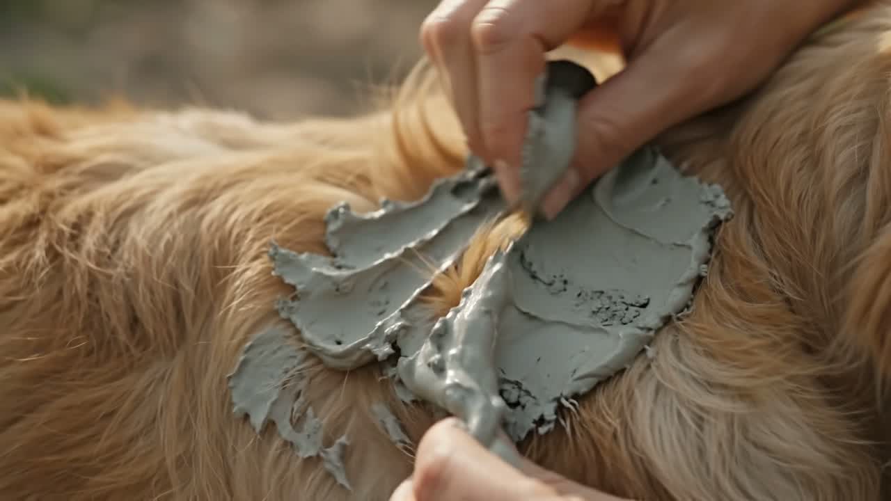 美容师的双手正把泥浆按摩推入金毛犬被毛